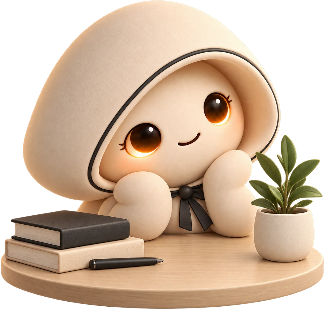 Nomi, the AI host, at a desk with a stack of books and a plant