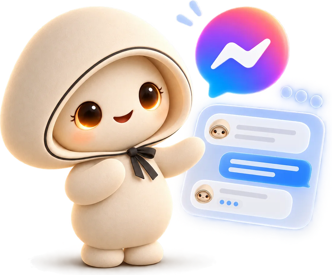 Nomi, the AI host, beside a Messenger conversation