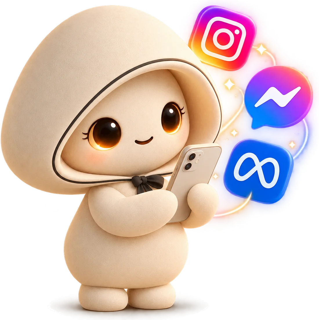 Nomi, the AI host, answering on her phone with the Instagram, Messenger and Meta marks around her